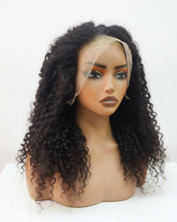 Close-up of transparent HD lace hairline on a Pixie Curl Human Hair Lace Wig.