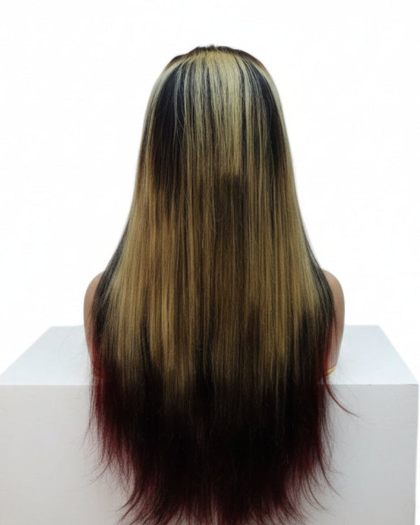 Back view of straight brown ombre human hair wig displaying high density, dark roots, and smooth blonde ends.