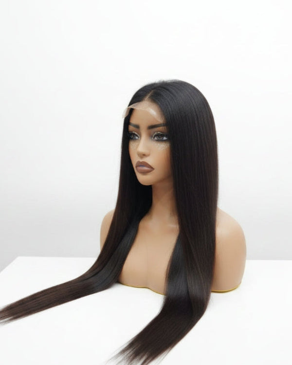Back view of long straight unprocessed raw single donor human hair wig in natural black color