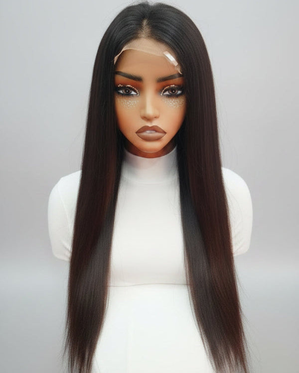 100% raw single donor human hair 4x4 HD closure wig with pre-plucked natural hairline on mannequin - natural black straight wig