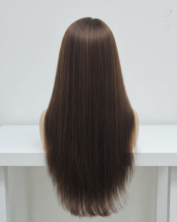 Dark brown straight human hair wig with middle part