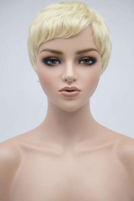 Short Blonde Human Hair Wig.  
1920s short blonde wig. 
Pre-cut lace short blonde wig. 
613 pixie cut wig Dubai collection featuring transparent lace front. 
HD transparent lace front detail on short blonde finger wave wig. 