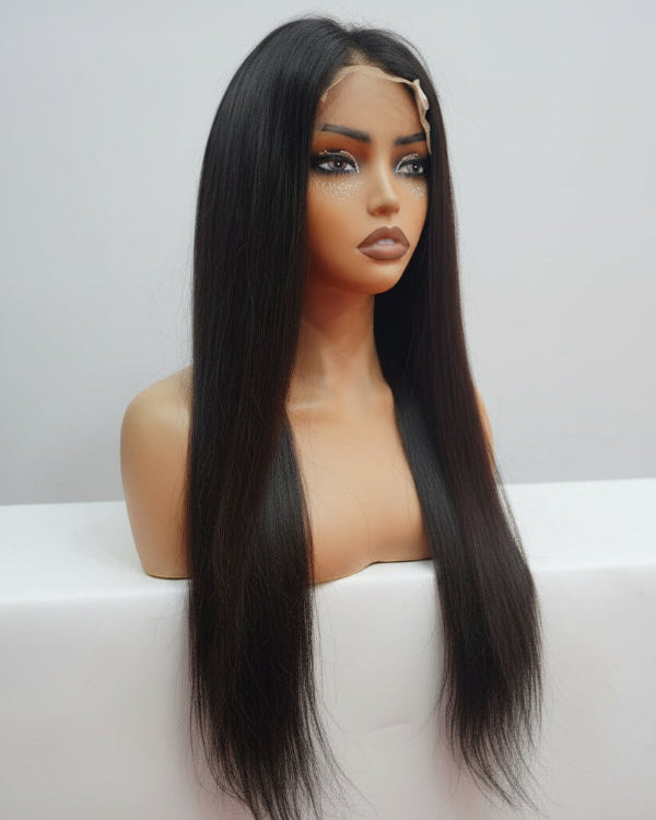Undetectable 4x4 HD lace closure on raw single donor human hair wig showing pre-plucked natural hairline