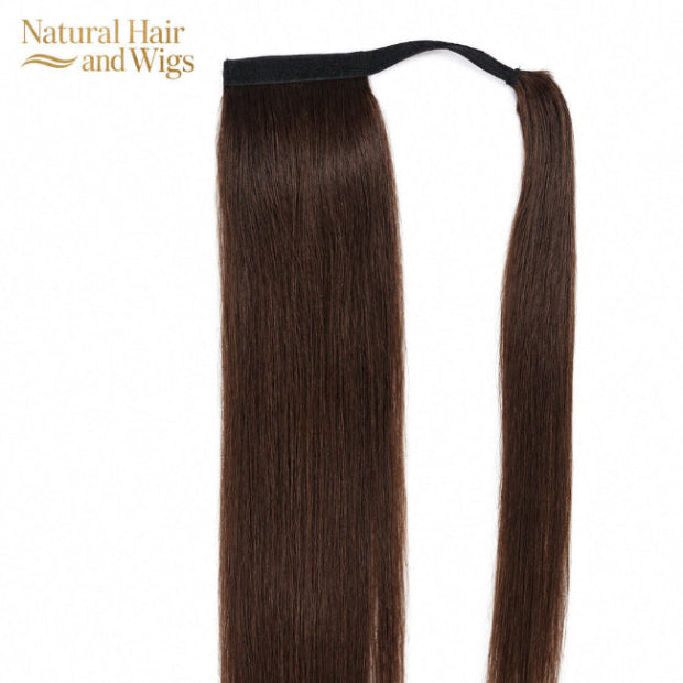 Dark brown straight human hair ponytail extension with secure wrap-around band.