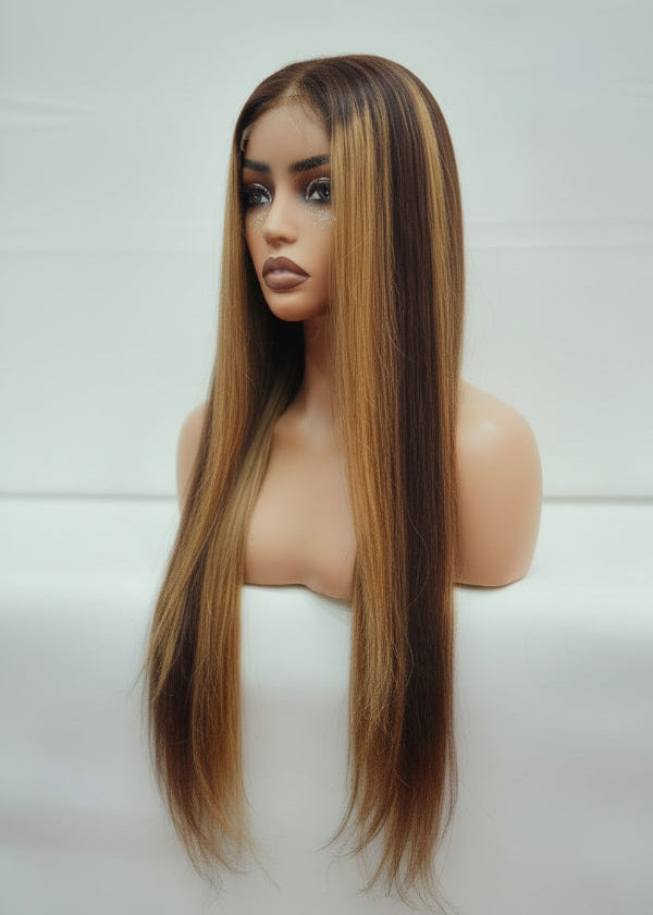 Straight Brown and Blonde Highlight Wig, 
Honey Blonde Highlight Wig, 
Piano Color Straight Wig, 
13x4 Highlight Lace Frontal Wig, 
