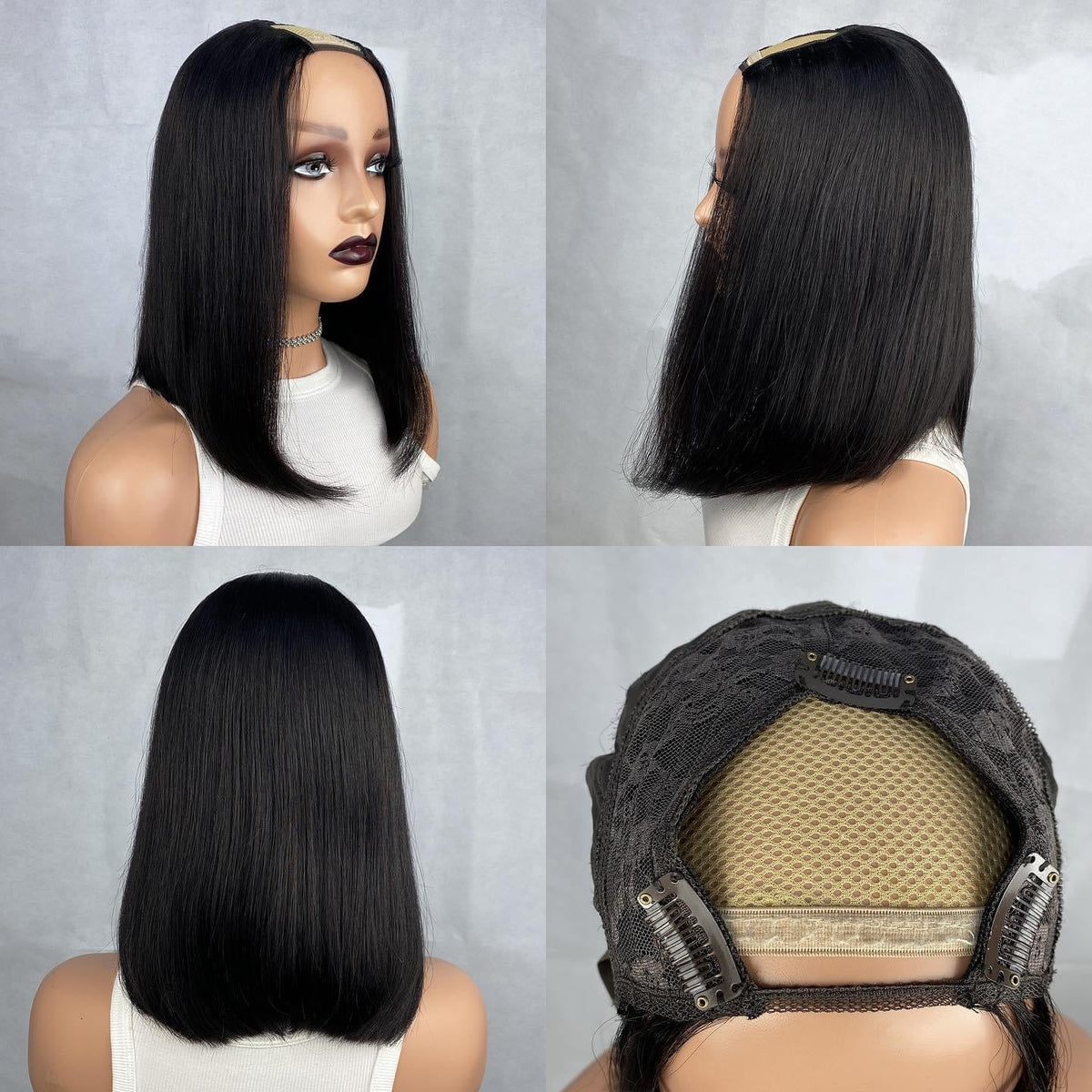 U Part Bob Wig styled with a sleek, short cut on a display mannequin