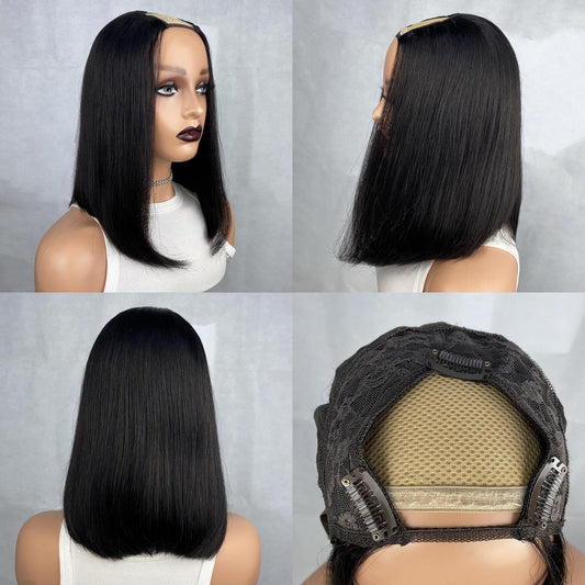 U Part Bob Wig styled with a sleek, short cut on a display mannequin