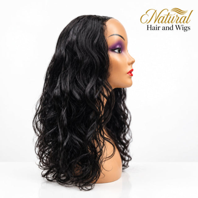 Glueless Wavy Human Hair V Part Wig cap construction and secure clips.