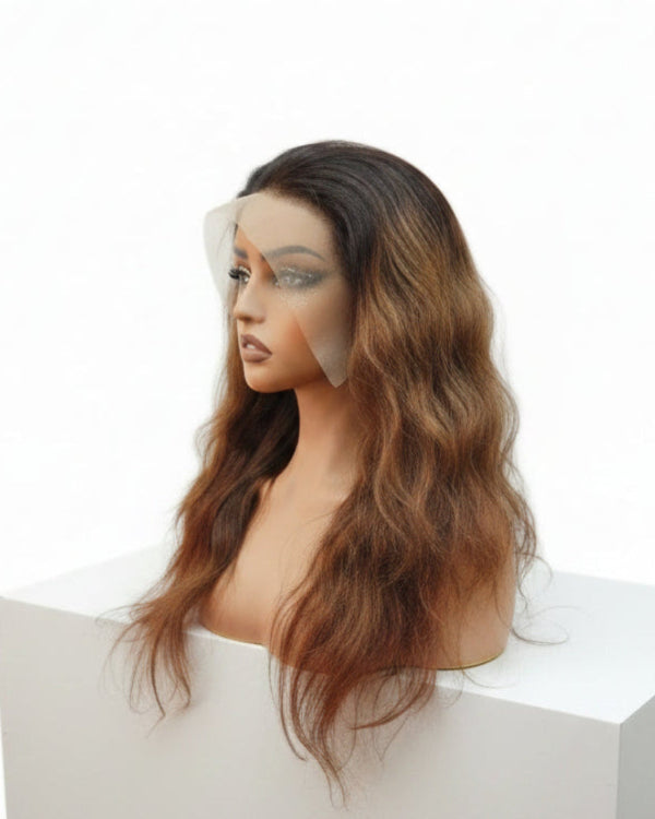 Natural wavy dark brown and black highlight lace front wig