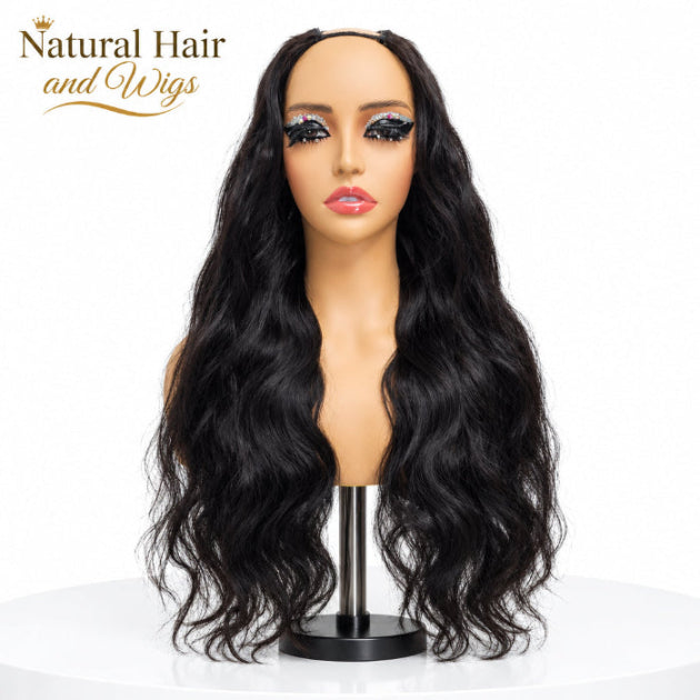 Woman wearing a Wavy V Part Wig with natural body wave texture in Dubai.