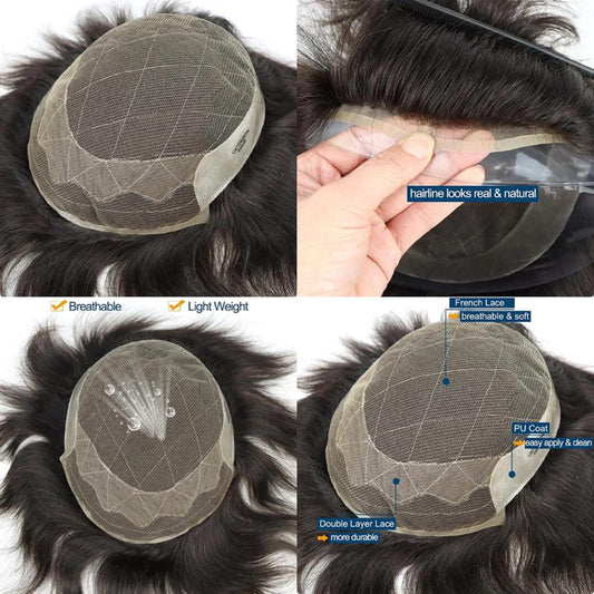 Real Human Hair Toupee for Men French Lace Toupee with Hair Replacement System for Men