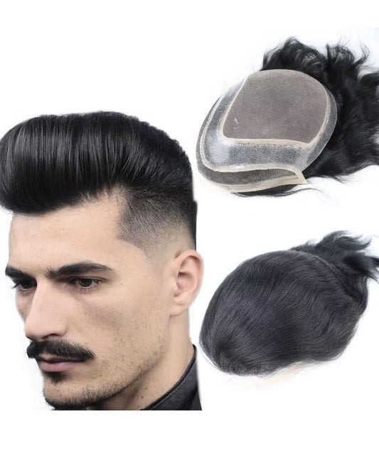 Mens Toupee Human Hair System Natural Hairline PU Hairpiece