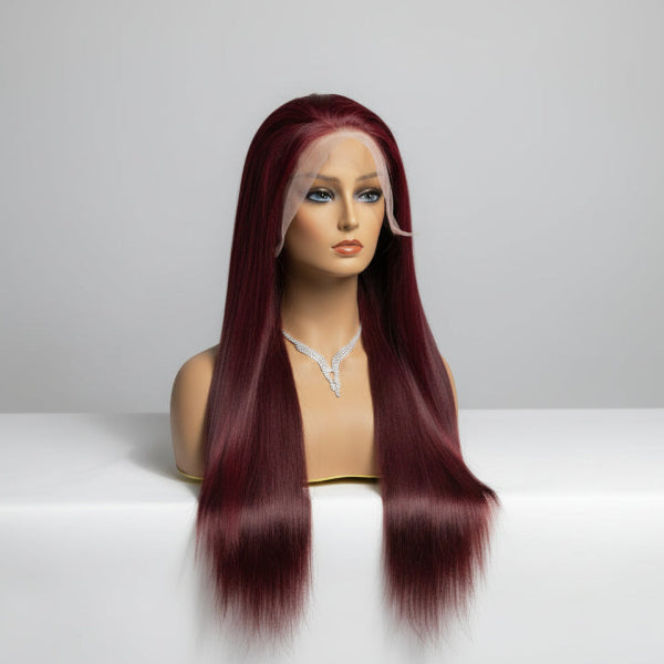 Frontal view of a 180% density Burgundy Human Hair Lace Front Wig with pre-plucked HD lace hairline.