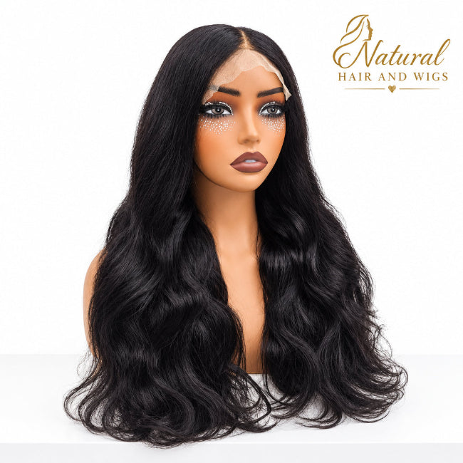 Side profile of Wavy Glueless Wig Dubai highlighting natural movement and length.