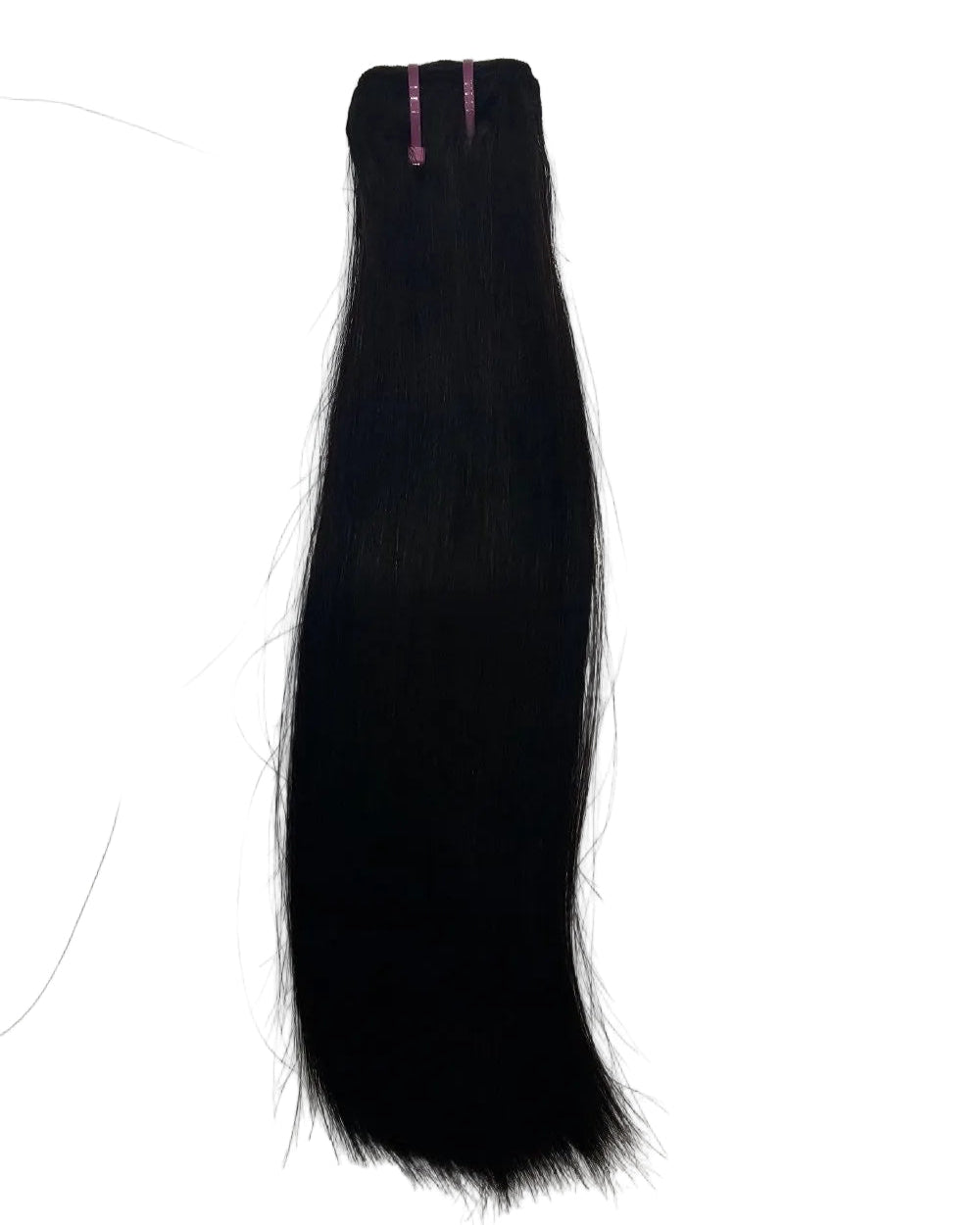 Side profile view of extra long bone straight weft hair extensions on display
