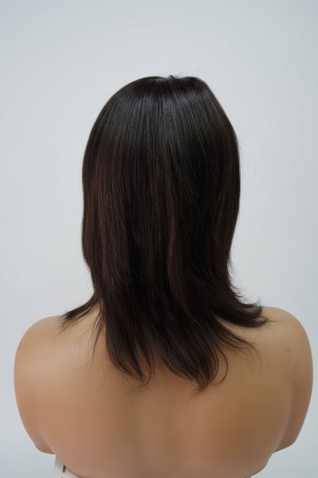 low cost shoulder length fringe wig. Dark brown bob wig with front bangs.  
