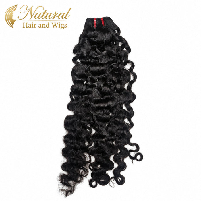 Premium single donor raw human hair curly weave extensions.