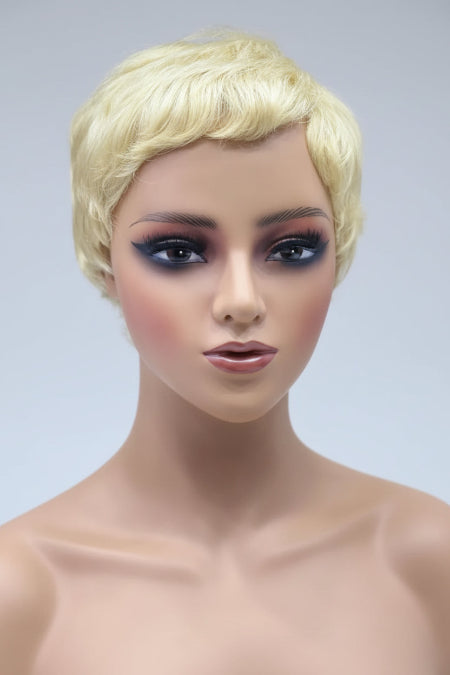 short blonde human hair wig. 
short blonde wig. 
short 613 wig. 
short cropped wig. 
Luxury 613 platinum blonde short bob cut wig with HD hairline. 
Side view of short blonde pixie cut lace front wig construction. 