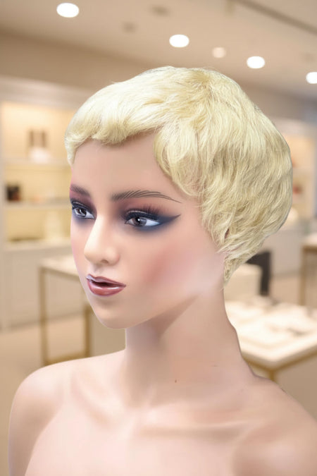 short platinum blonde wig. 
blonde pixie wig. 
613 pixie wig. 
Short blonde pixie cut wig with natural side-swept fringe. 
100% human hair short blonde wig before styling and customization. 